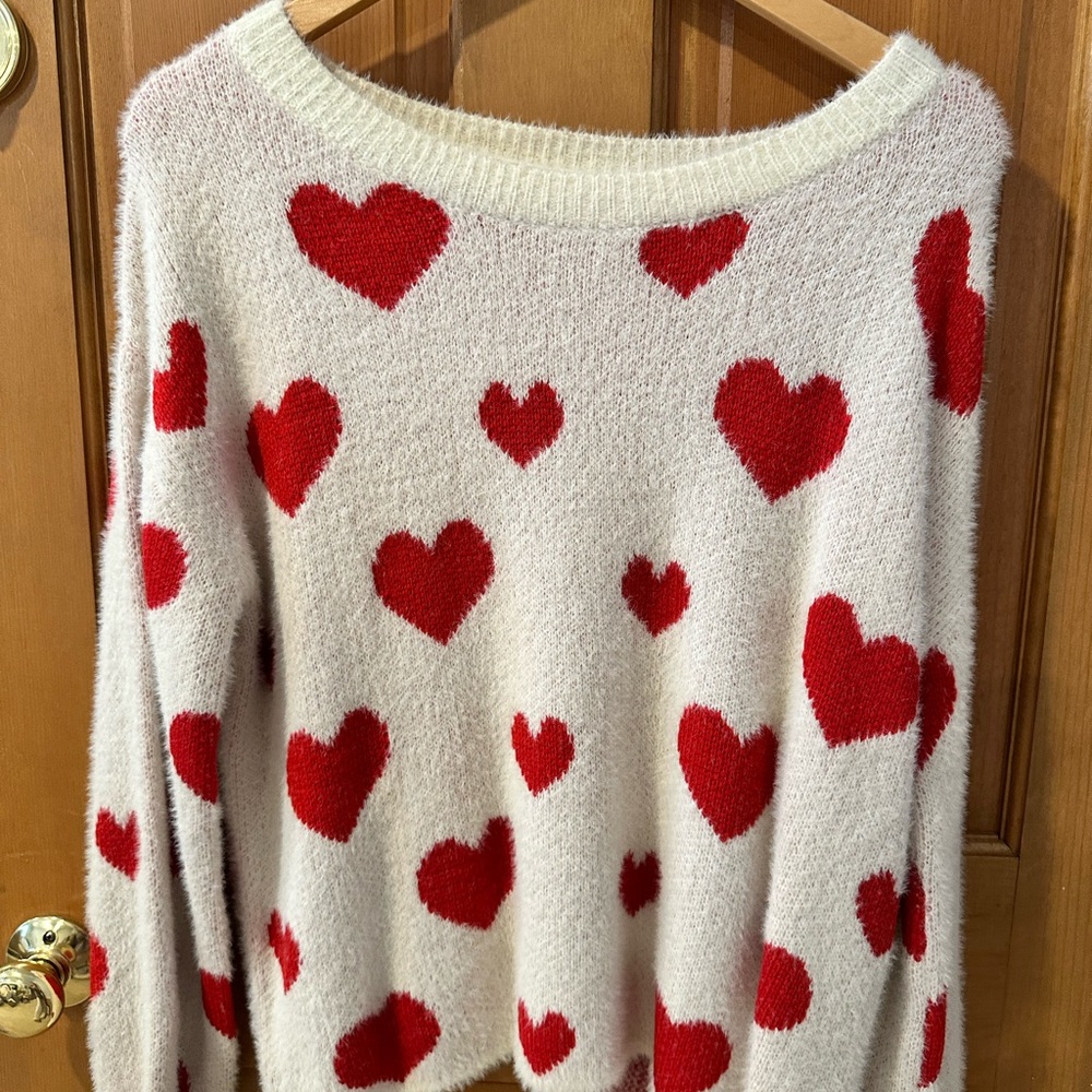 Heart Patterned Sweater - Red and Cream